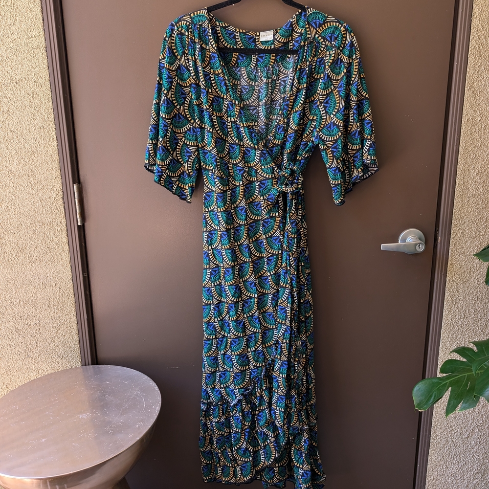 Blue And Green Peacock Print Wrap Maxi Dress